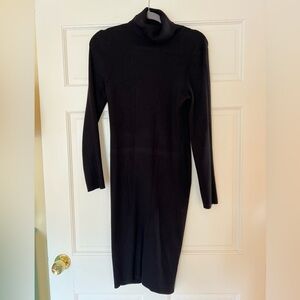Neiman Marcus-  Black Turtleneck Ribbed Sweater Dress